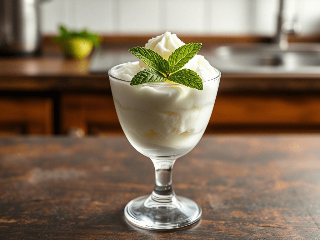 "Snow ice cream with condensed milk served in a dessert glass"
