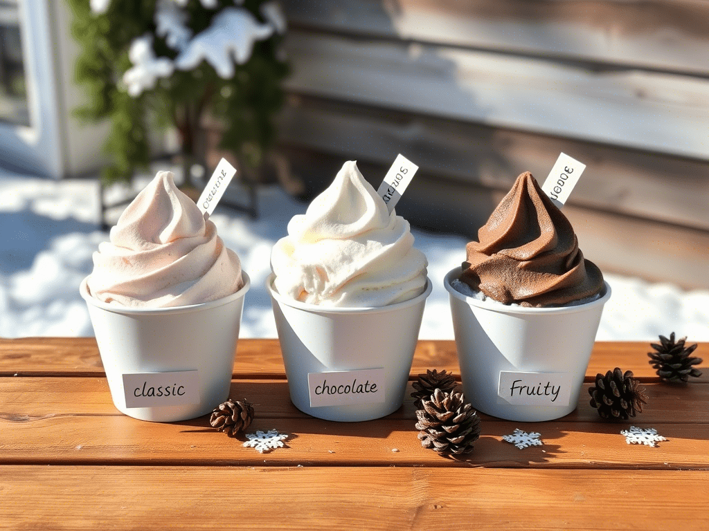 "Three variations of snow cream recipes served for winter dessert"