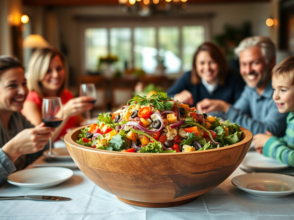 A large salad bowl set featuring a big wooden bowl and a swell salad bowl, beautifully arranged with fresh summer salads, vibrant greens, and colorful toppings, styled on a rustic wooden table ready for serving.