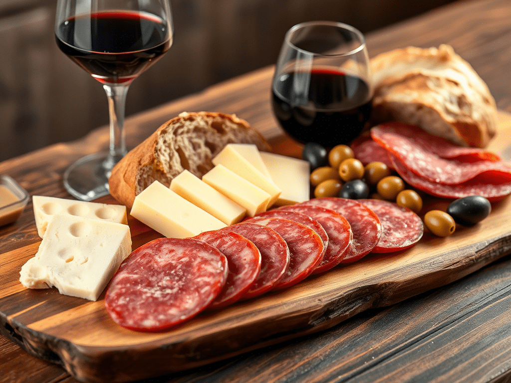 Artisan board with sliced soppressata, cheese, and wine on rustic wood table