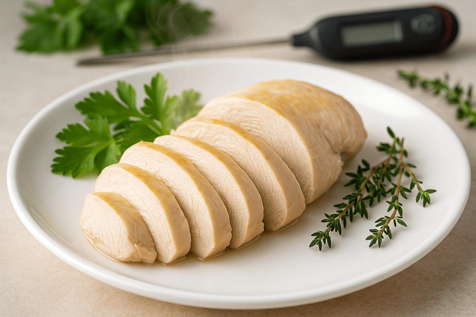 How long to boil chicken breast – perfectly cooked juicy sliced chicken on a white plate with herbs and thermometer