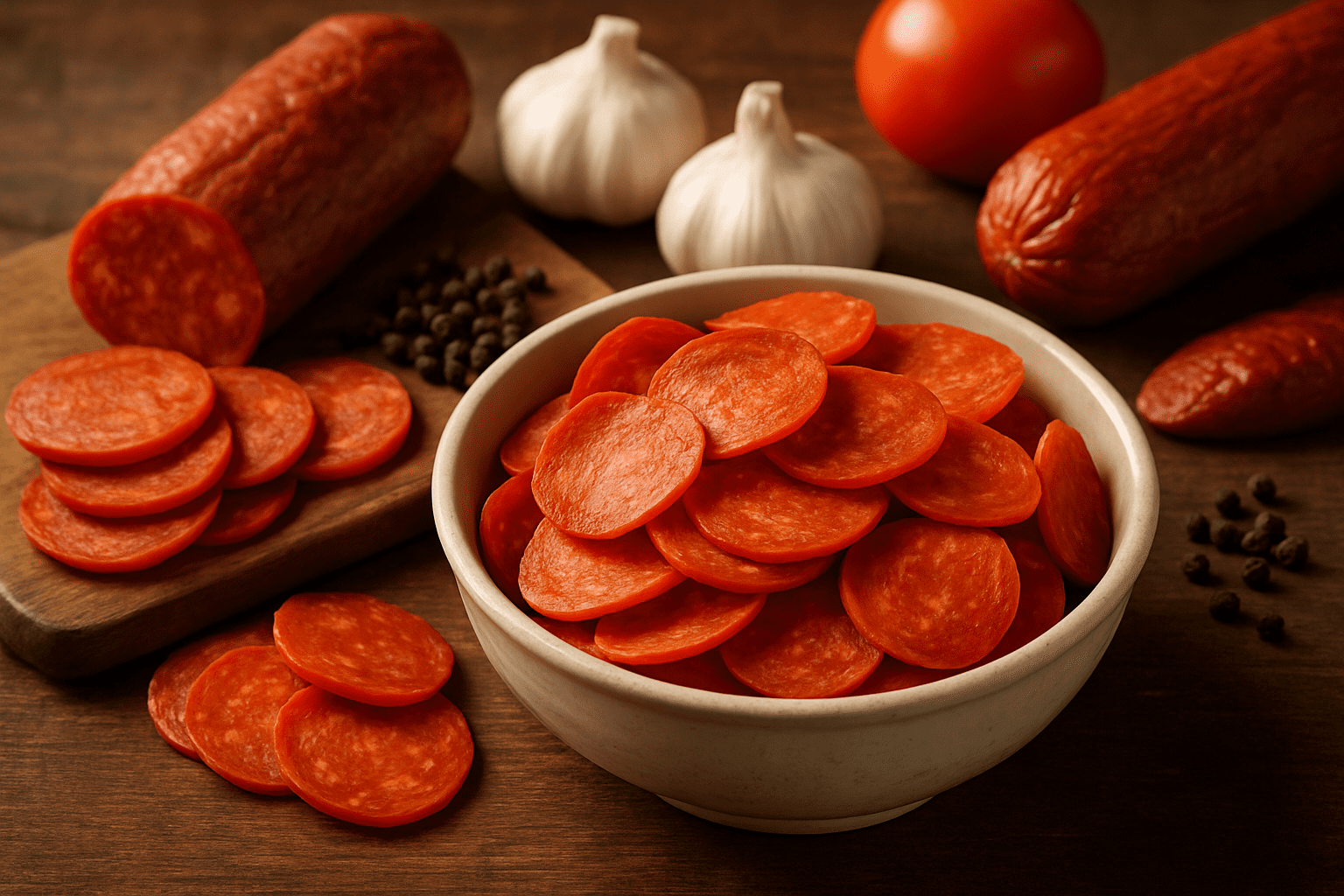Close-up of sliced pepperoni showing rich texture and color, ideal for understanding what pepperoni looks like