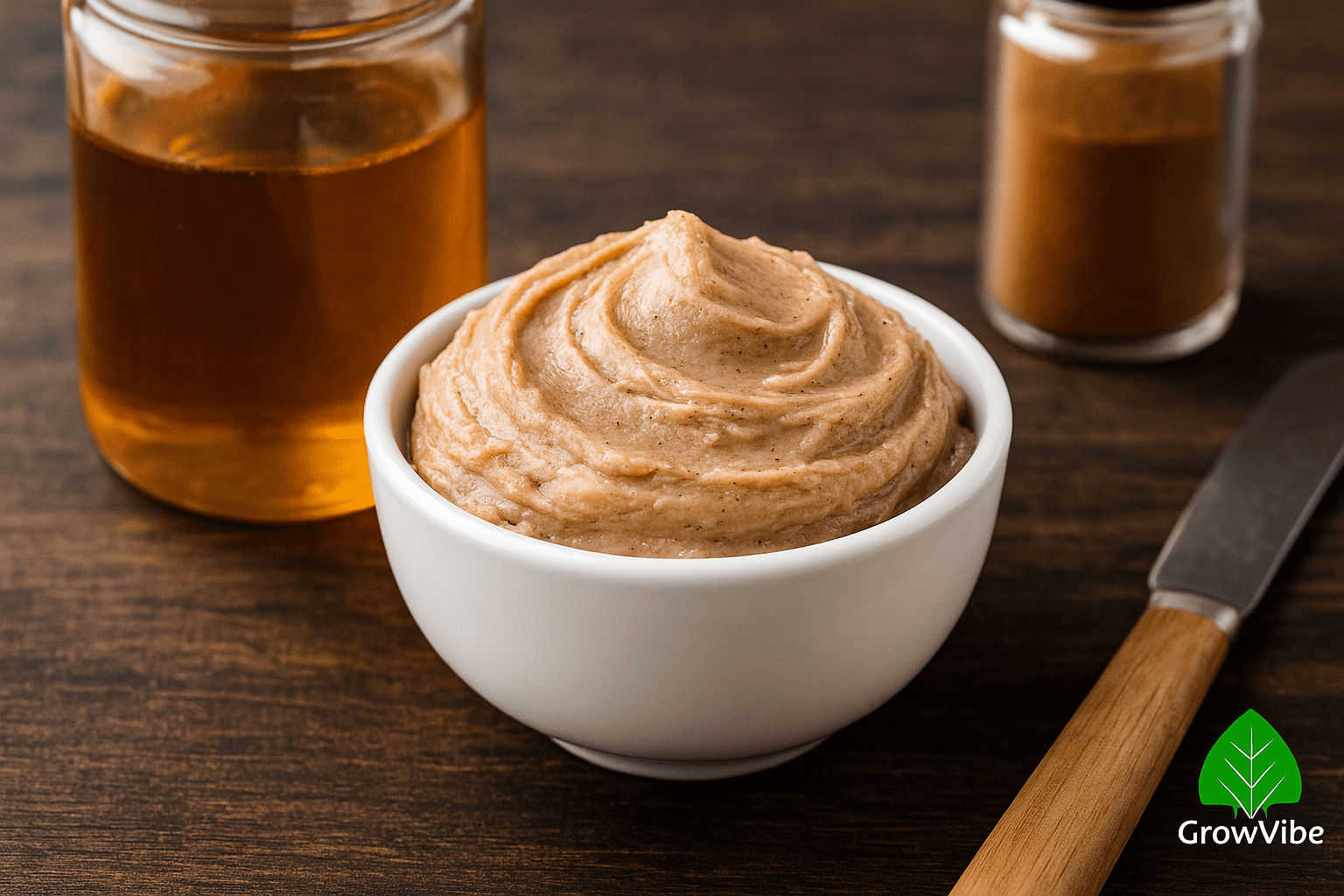 Small bowl of Texas Roadhouse butter on a rustic wooden table, surrounded by honey and cinnamon jars, with smooth whipped texture and warm lighting