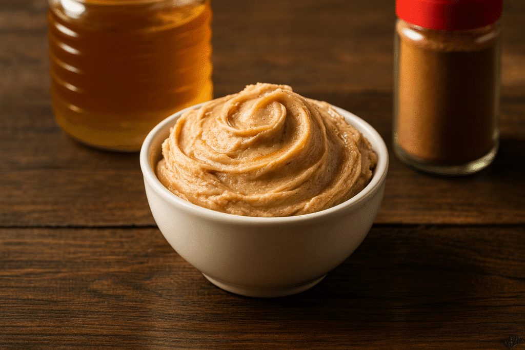 A small white bowl of Texas Roadhouse cinnamon honey butter surrounded by honey and cinnamon jars on a rustic wood table