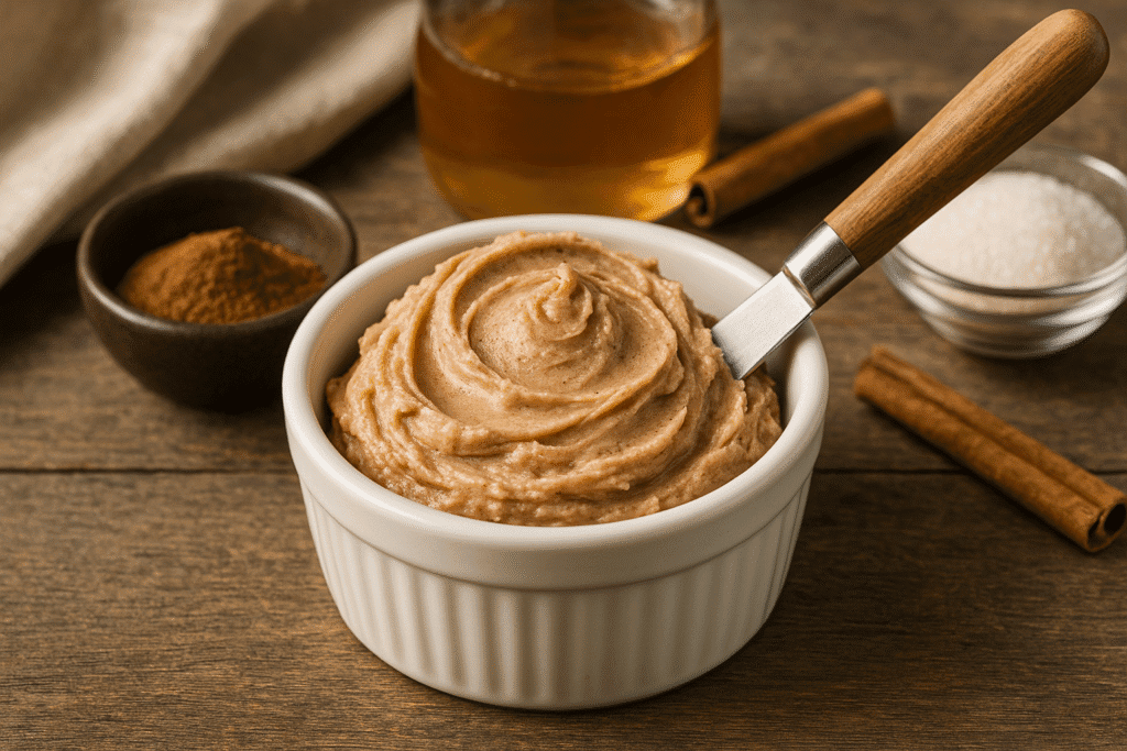 Freshly made Texas Roadhouse butter with swirled texture in a white ramekin, surrounded by cinnamon, honey, and sugar ingredients on a rustic wooden table