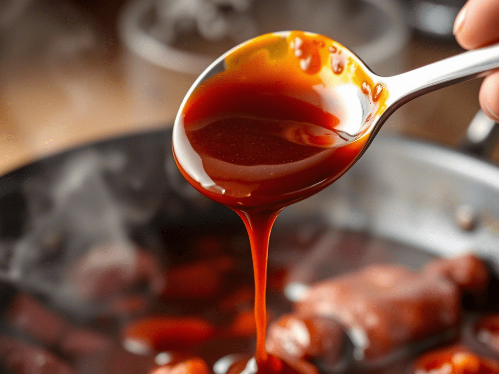 Homemade Korean BBQ sauce being poured into a hot pan
