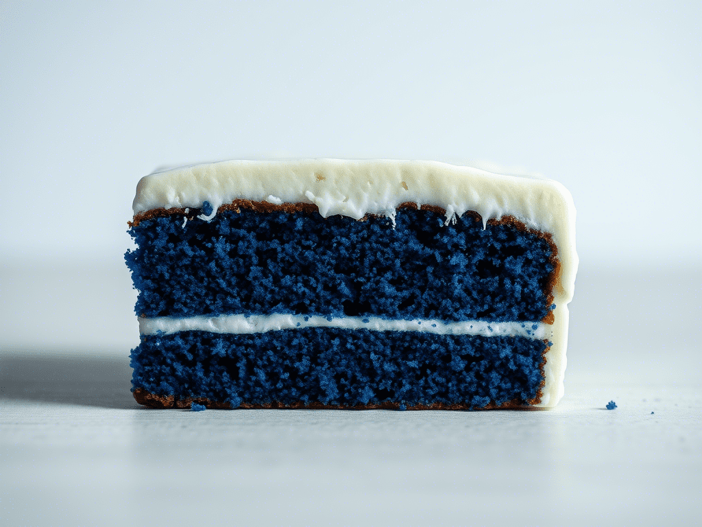 “close-up of blue velvet cake texture and cream cheese frosting”