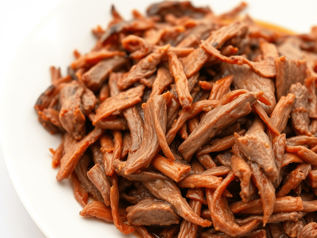 Juicy shredded beef freshly cooked on a serving plate