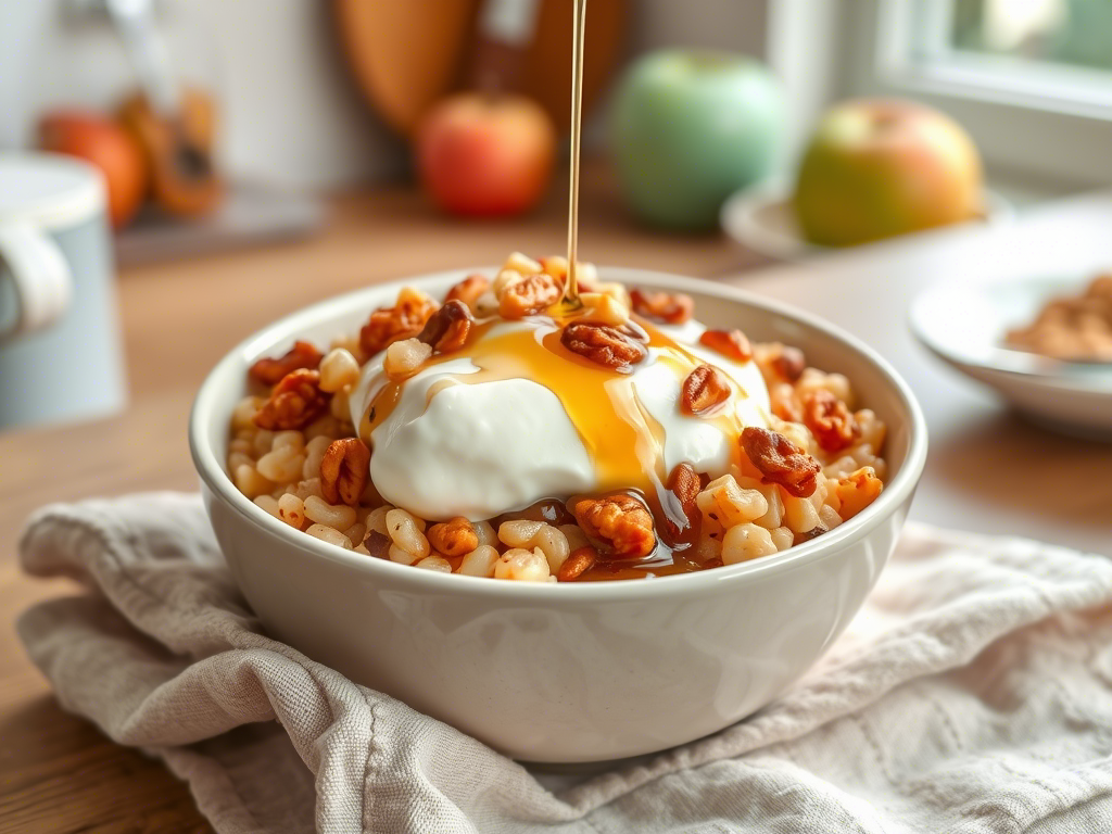 how to make farro breakfast bowl with cinnamon apple and yogurt