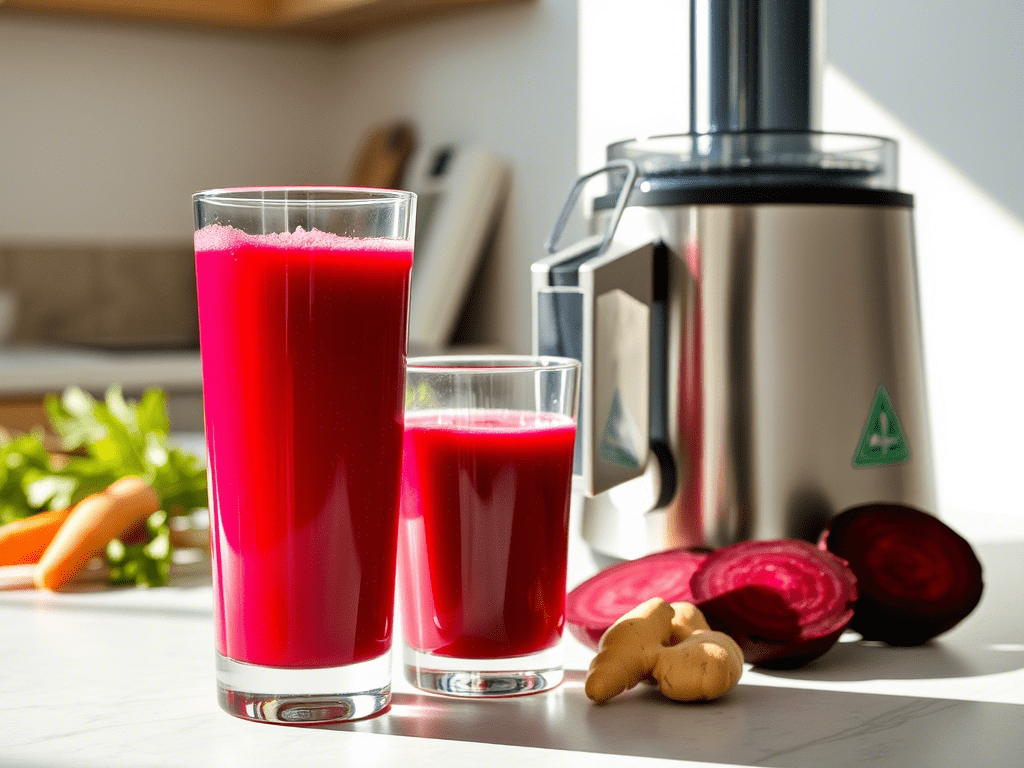 “fresh homemade beet juice with carrots and ginger beside a juicer”