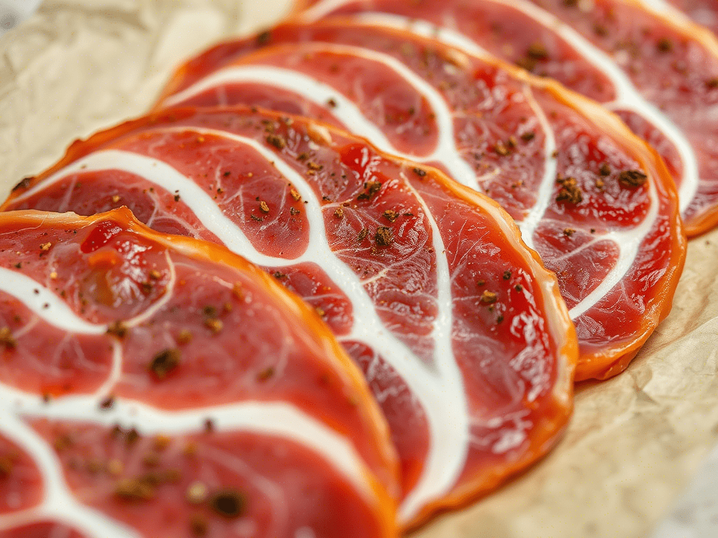 Firm cured meat slices with rich color and seasoning