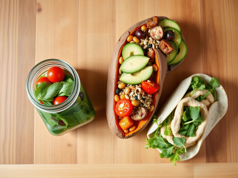 colorful healthy lunch options including jar salad, pita sandwich, and veggie bowl