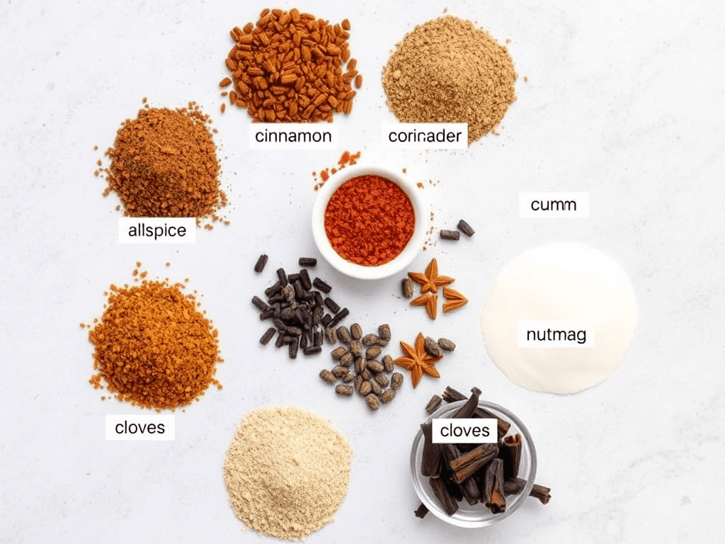 Ingredients of Lebanese 7 spice blend arranged in a circle with labels