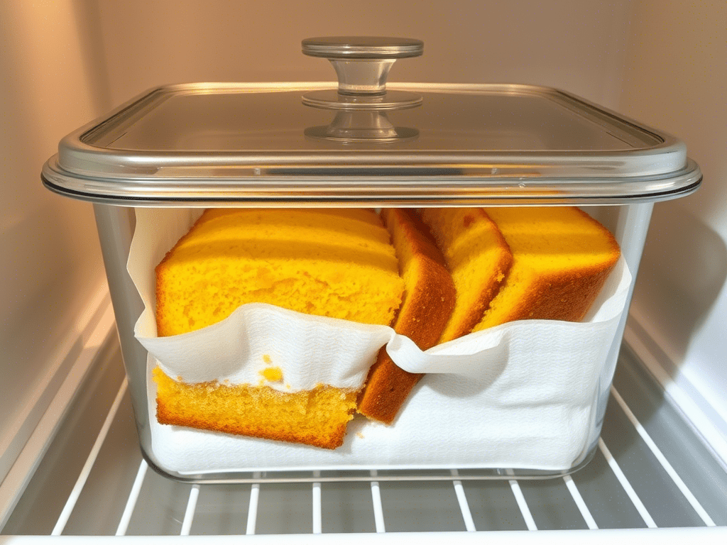 Leftover hot water cornbread stored in a glass container inside a fridge