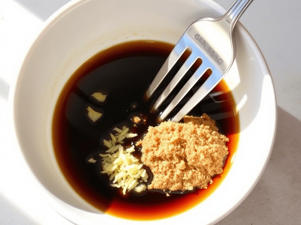 “mixing soy sauce, ginger, and sesame oil in a bowl for steak marinade”