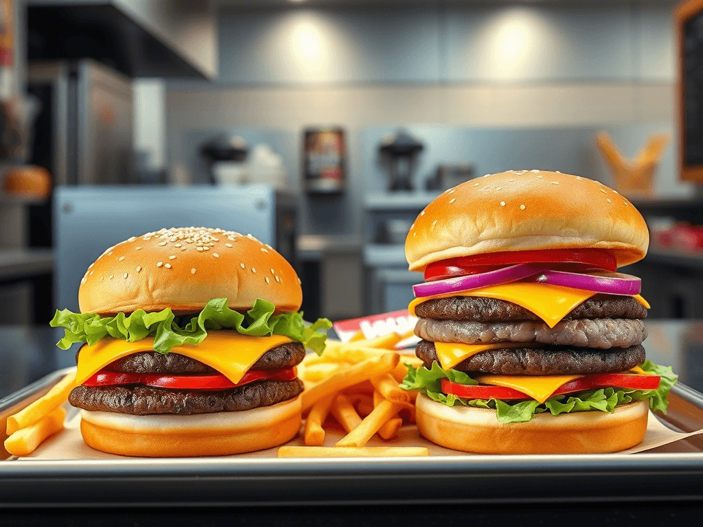 Whopper Jr and regular Whopper side-by-side comparison with fries