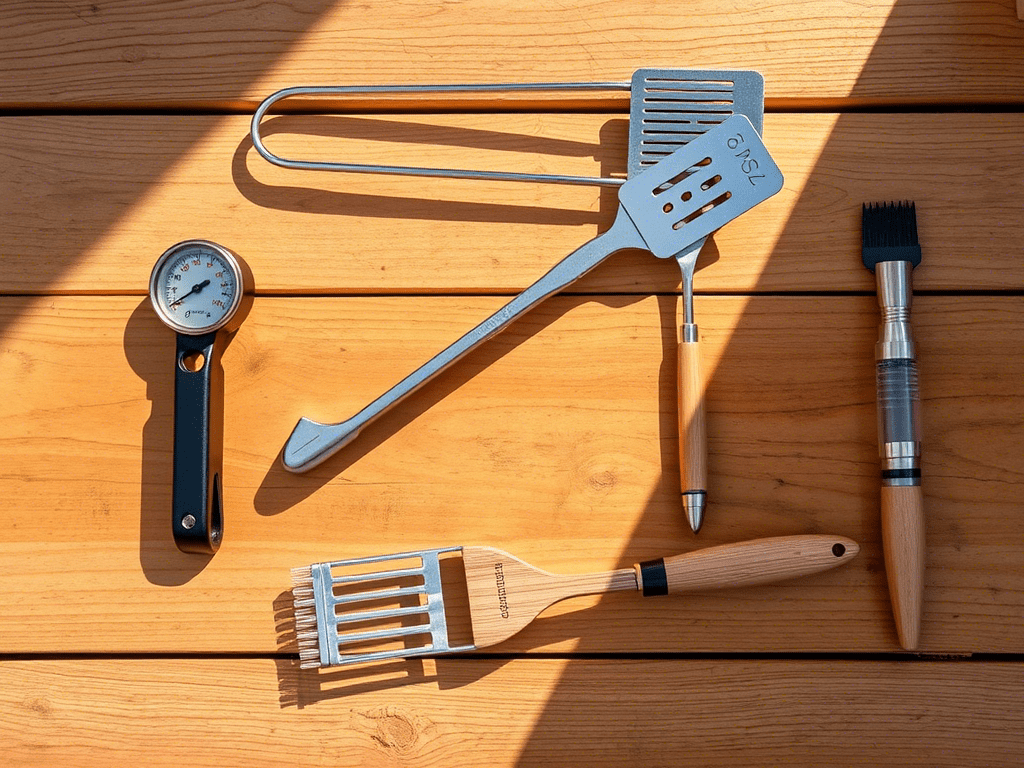 “grill tools including thermometer, injector, and tongs laid out on table”