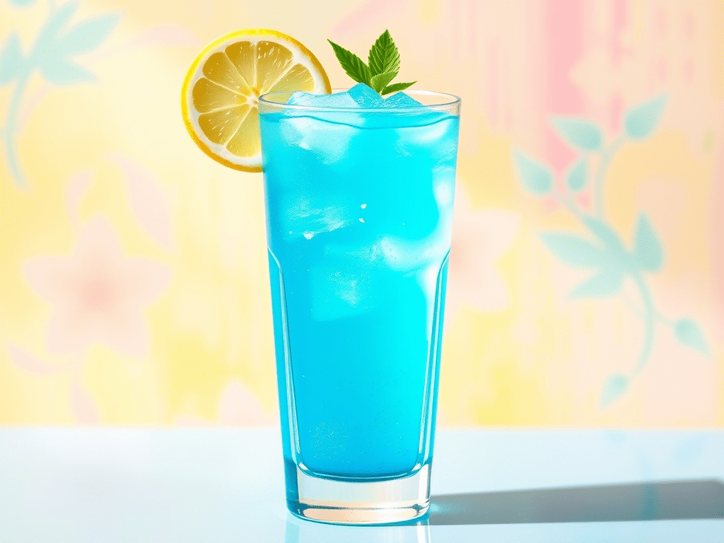 "electric lemonade cocktail in a tall glass with lemon and ice"