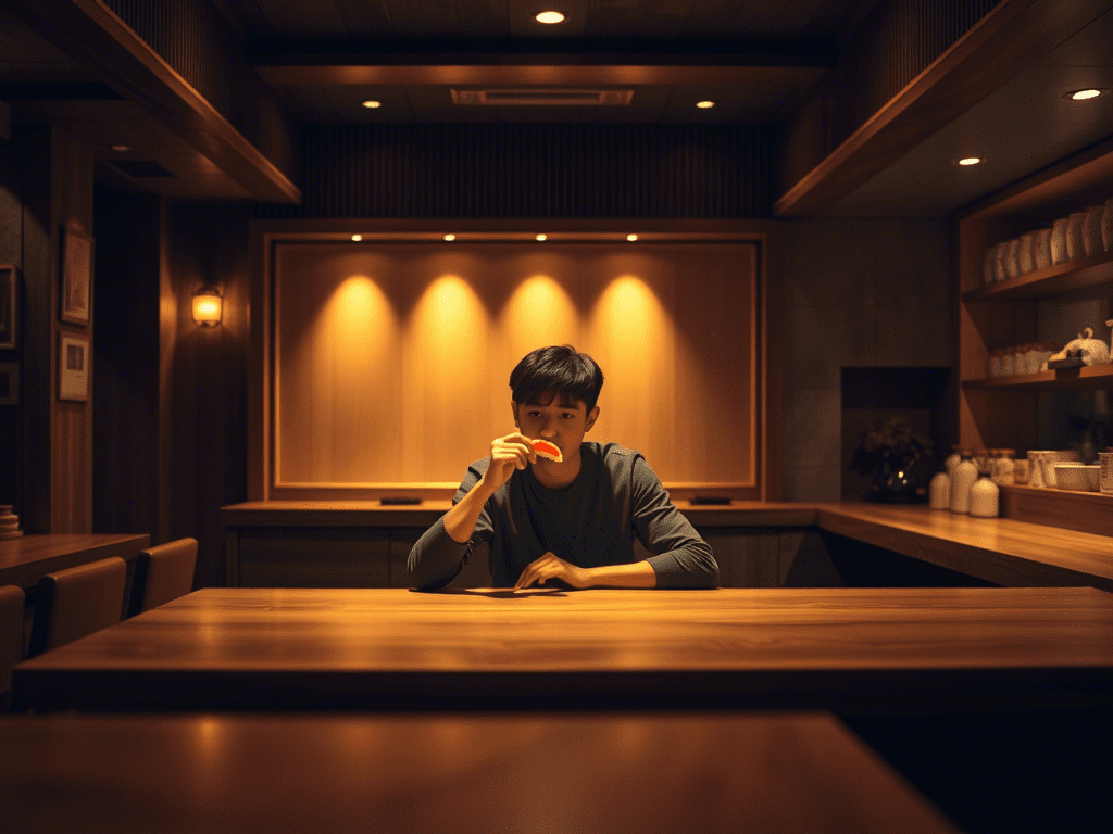 “person sitting quietly at sushi bar holding a piece of nigiri in a warm, calm setting”