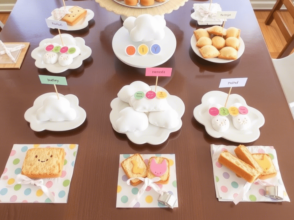 “themed baby shower food presentation with labels and custom serveware”