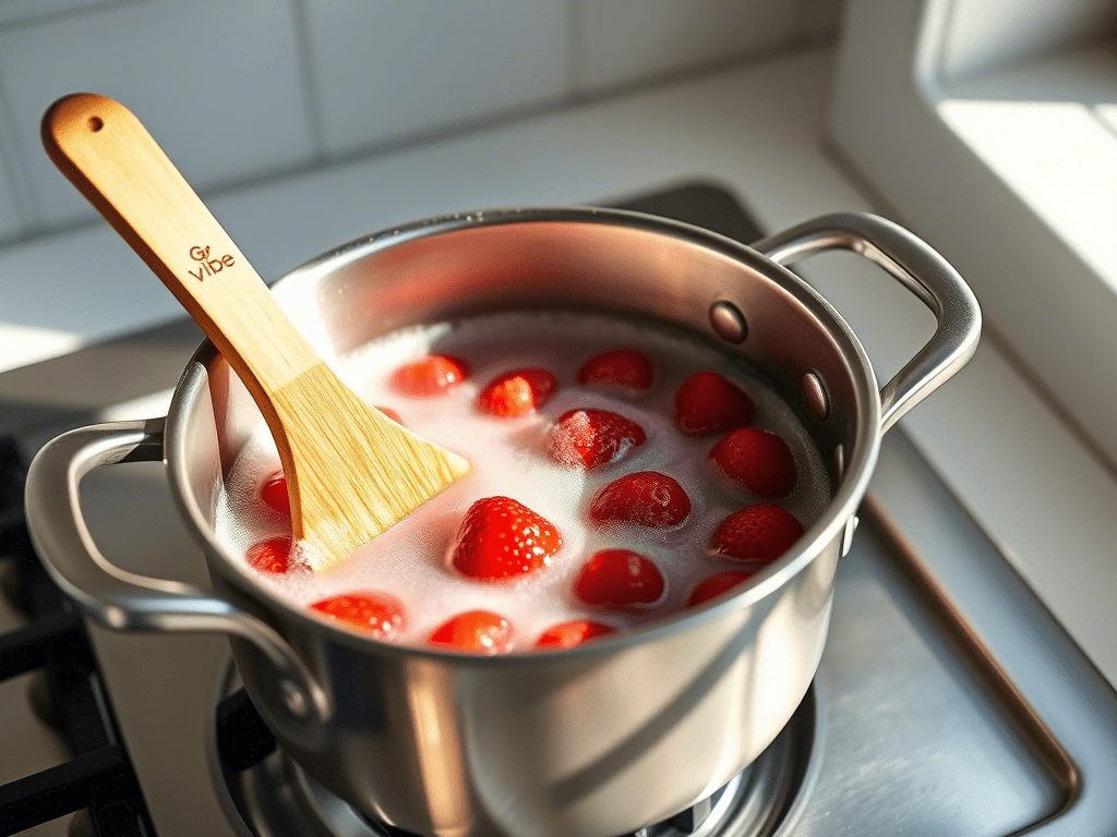 Cooking reduced strawberries on the stove for real strawberry puree.