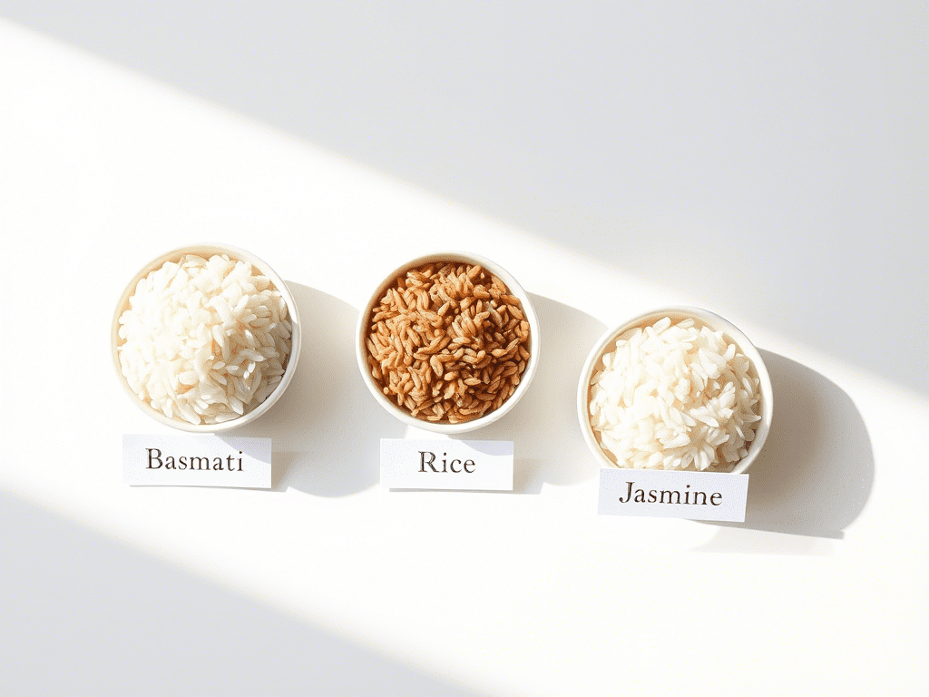 Different rice types used in chicken over rice: basmati, jasmine, brown