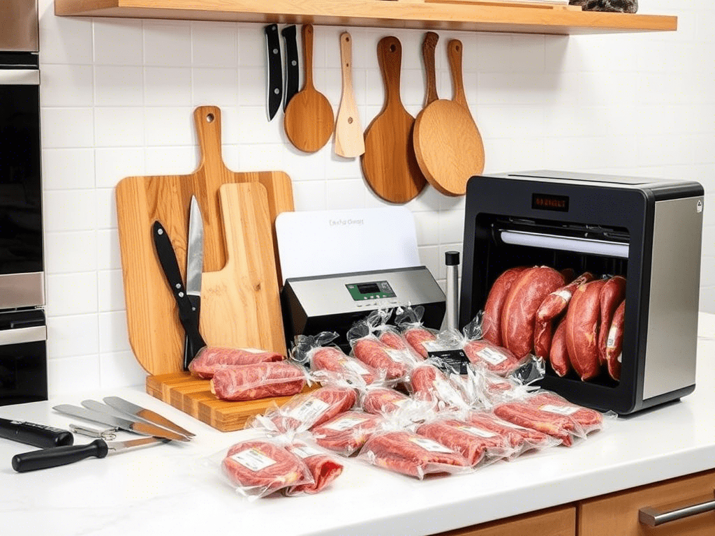 Kitchen tools and meats ready for serving or storage