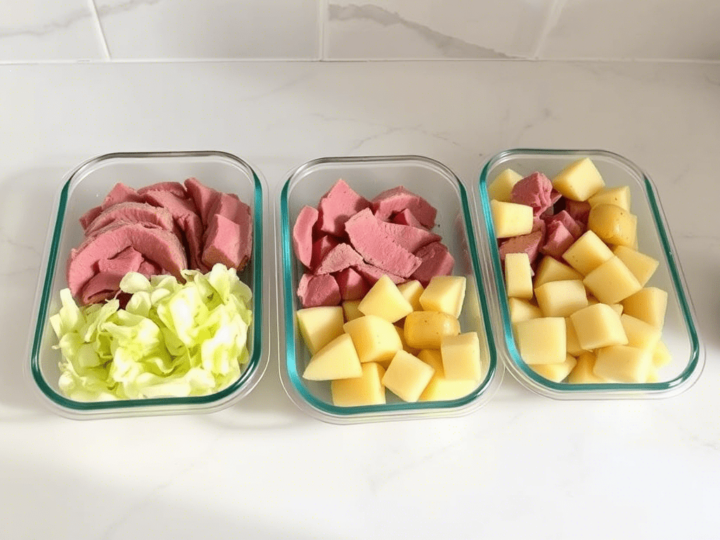 Leftover instant pot corned beef and cabbage in meal prep containers