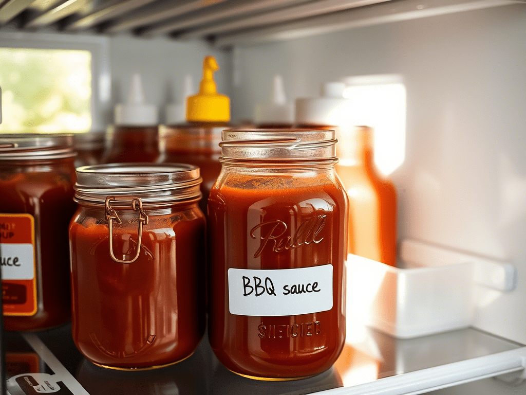Homemade BBQ sauce stored in glass jars inside a fridge