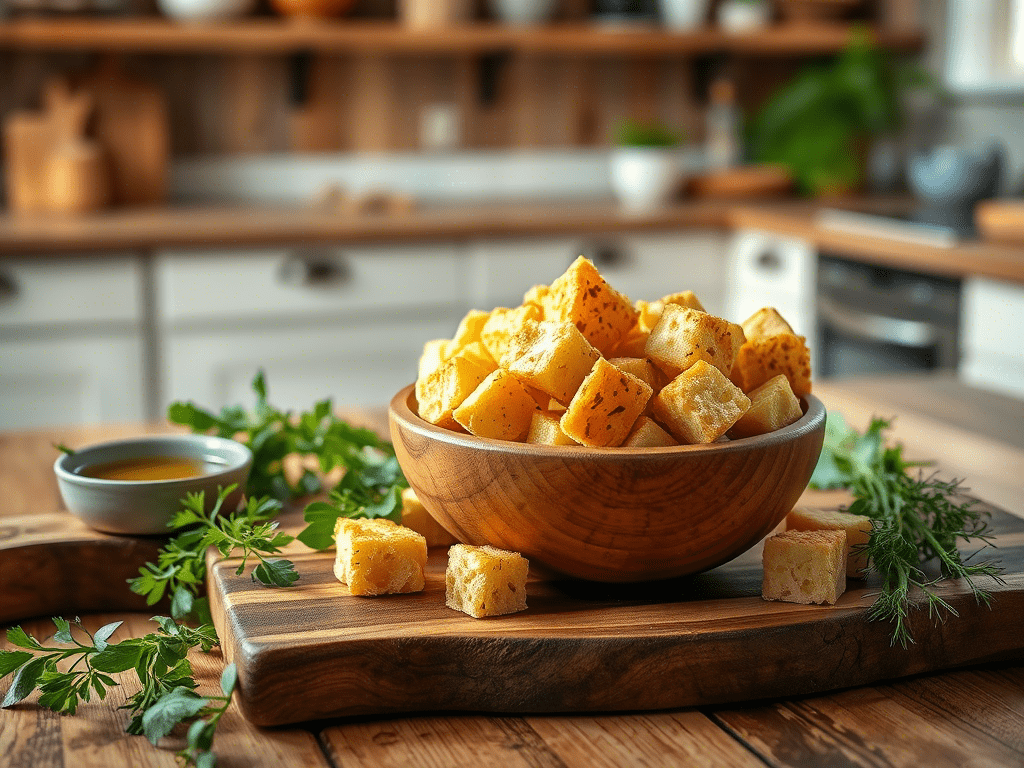 “homemade gluten free croutons on wooden board with olive oil and herbs”