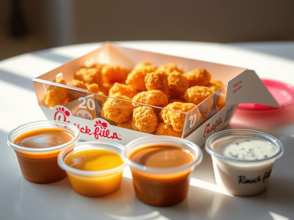 "Chick Fil A 20 nuggets price value box with dipping sauces"