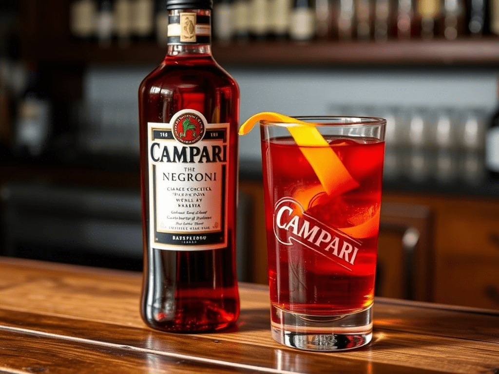 campari bottle and negroni cocktail with orange garnish