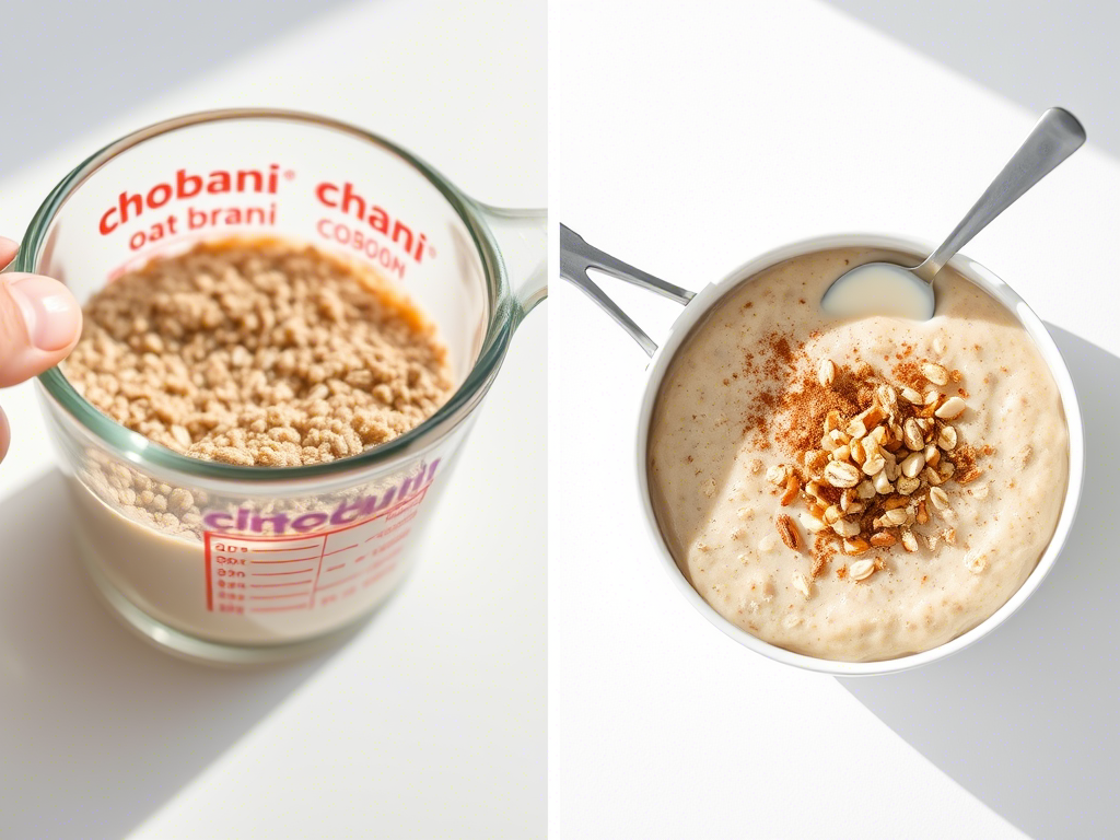 Step-by-step tutorial: measuring oat bran and Chobani oat milk, cooking in a saucepan, and a finished bowl topped with nuts and cinnamon. White background, clean composition, bright lighting