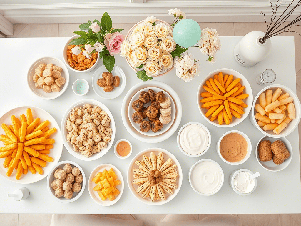 “baby shower food table with themed finger foods and sweet treats”