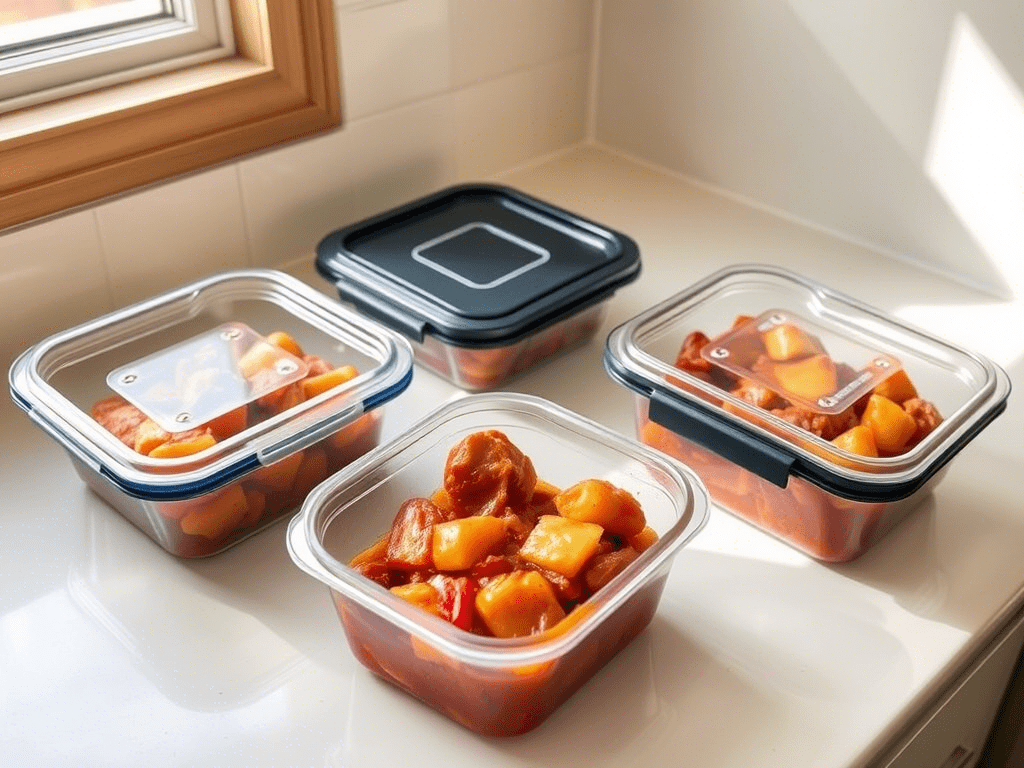 Meal prep containers with pollo guisado ready to store