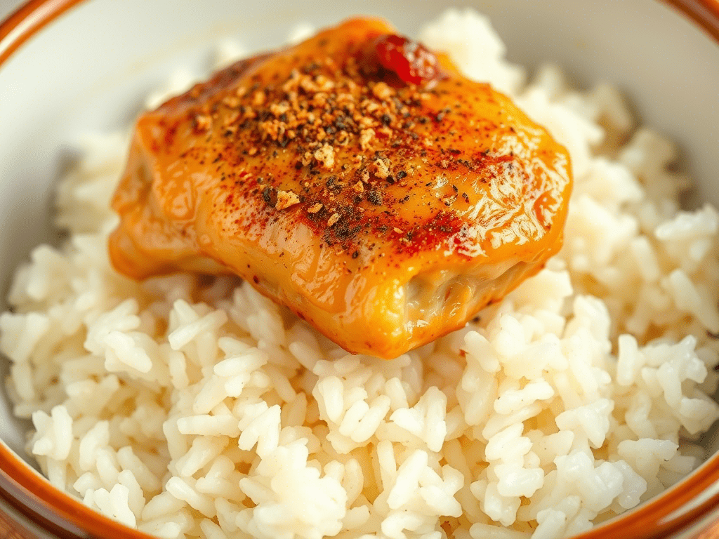 Close-up view of chicken over rice in a bowl with spices visible