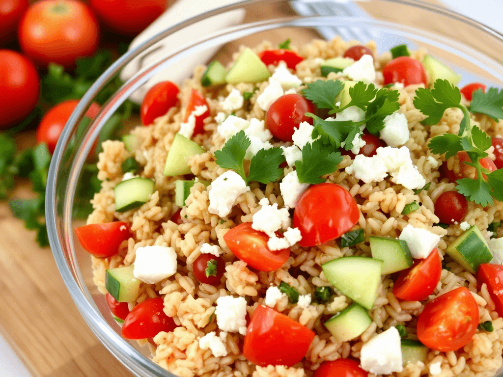 vibrant brown rice brown salad with fresh vegetables and herbs