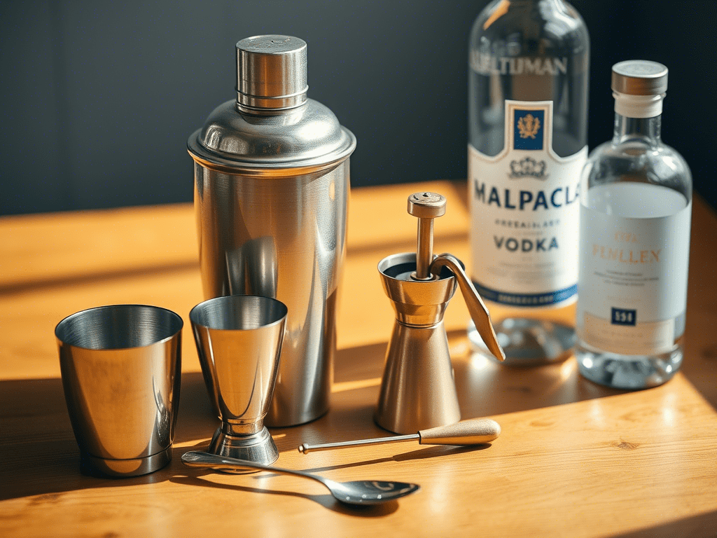 "cocktail tools for making blue curacao and vodka drinks"