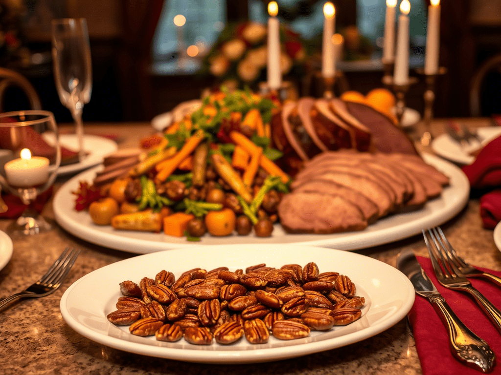 “Praline pecans served as a side with roasted vegetables and sliced meat”