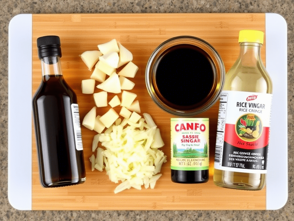 Ingredients used in Asian chicken marinade laid out on a board
