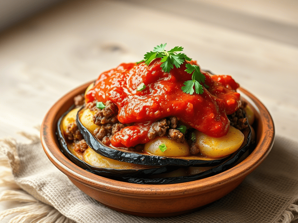 “traditional Turkish musakka served in a rustic bowl with tomato sauce and parsley”