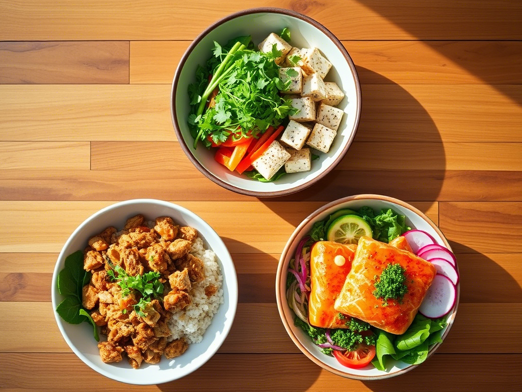 A vibrant rice bowl express meal featuring a beautifully arranged chicken rice bowl, surrounded by colorful bowl meals, detailed chicken and rice bowl recipe components, and inspiring rice bowl ideas, all captured in a fresh, appetizing presentation.