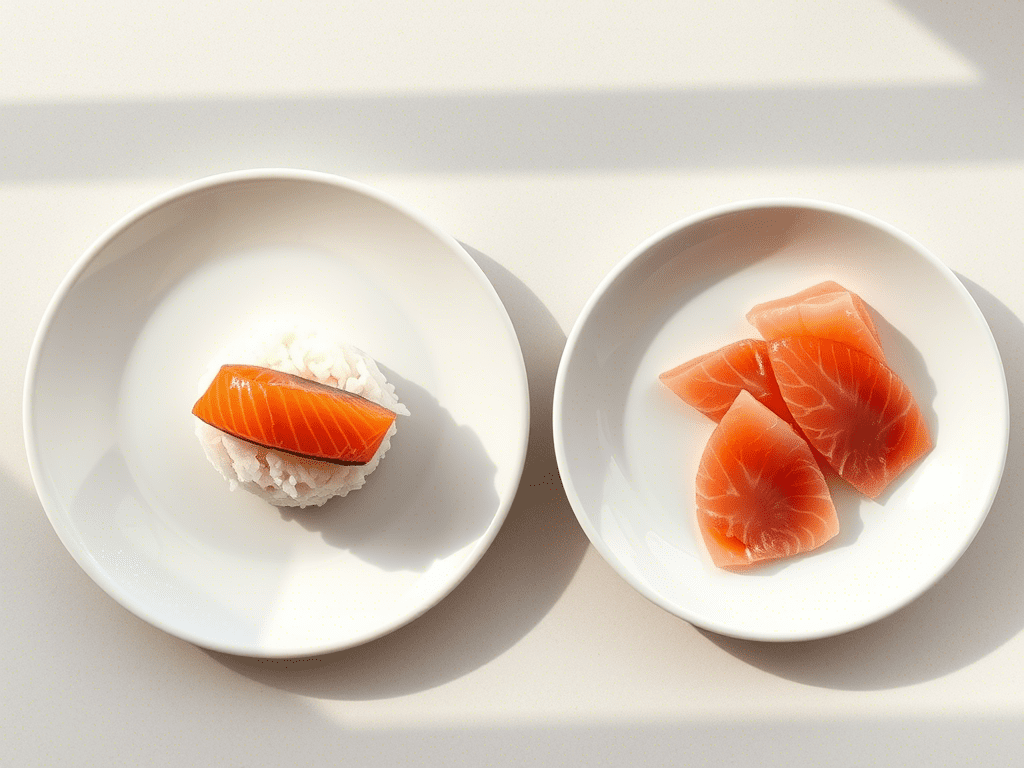 “side-by-side comparison of nigiri with rice and sashimi without rice on white plates”