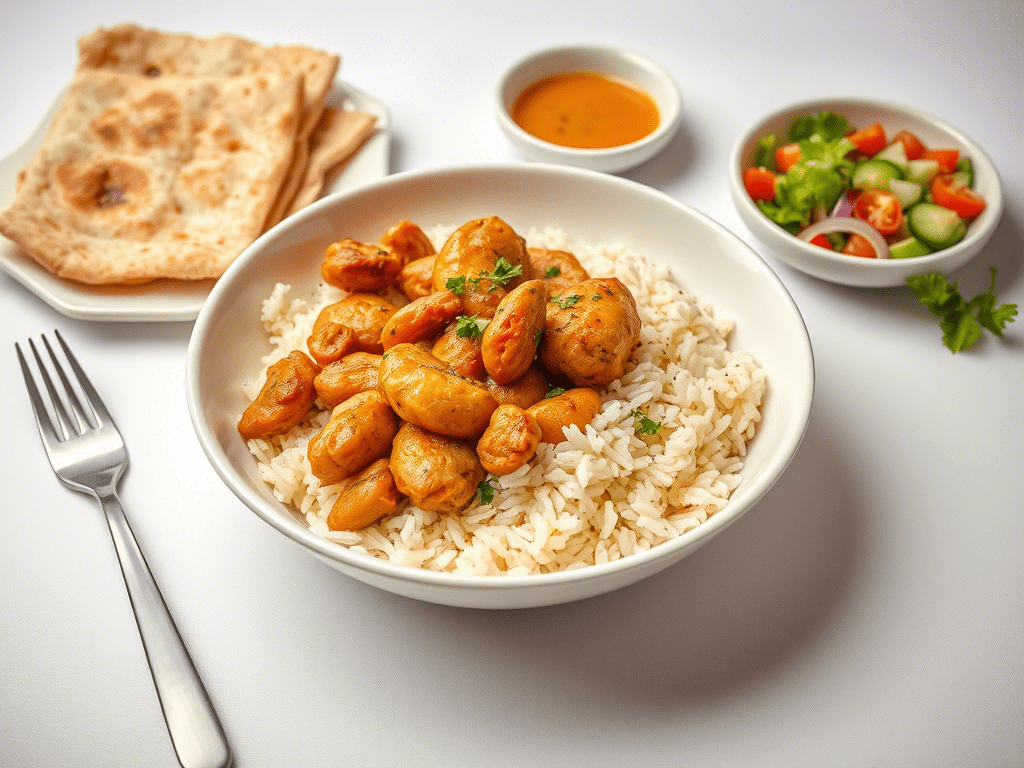 Serving bowl of chicken over rice with salad and bread on the side