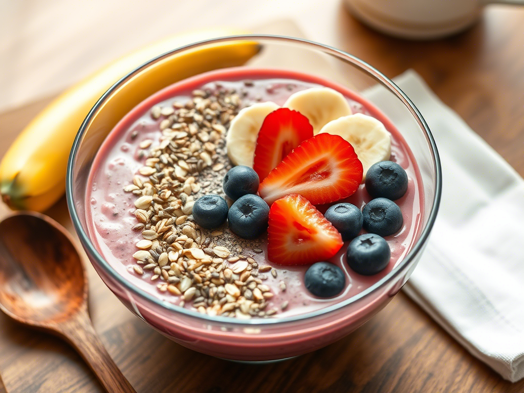 fresh fruit smoothie with oats and berries served as breakfast smoothie bowl