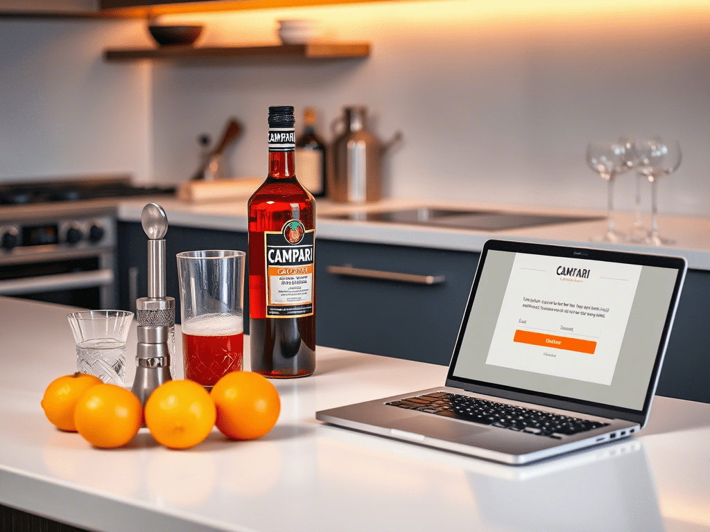 โA modern kitchen countertop with a Campari bottle, cocktail tools, glasses, and fresh citrus laid out neatly beside a laptop showing an online order confirmationโ
