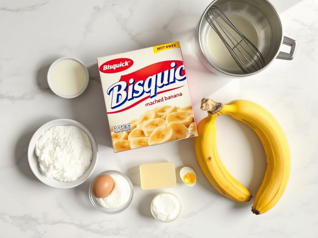 “bisquick bread ingredients including bananas and bisquick mix on kitchen counter”