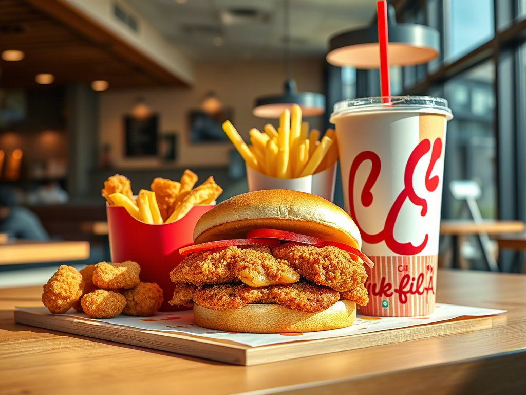 "Chick Fil A menu featuring chicken sandwich, nuggets, and waffle fries on a wooden table"