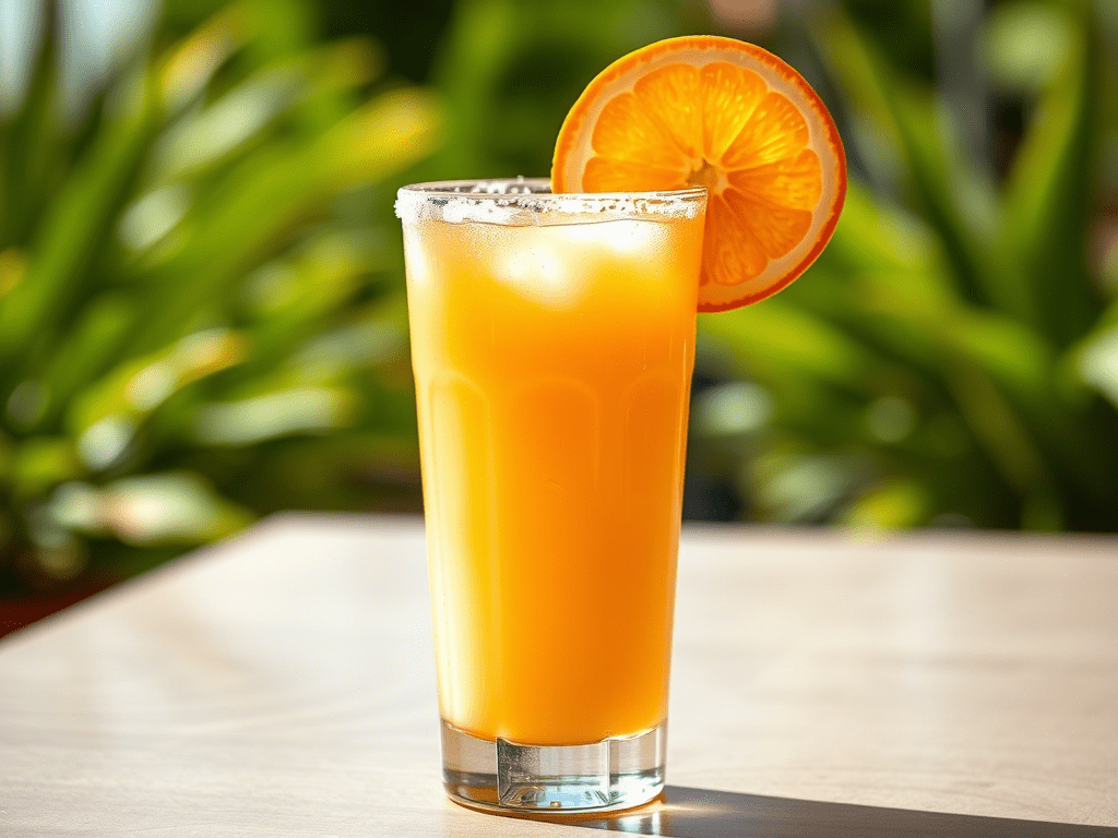 “orange creamsicle cocktail in a highball glass with orange slice and sugar rim”