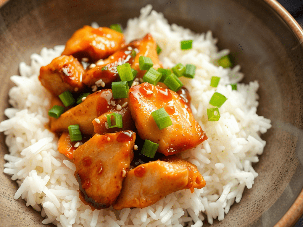 Asian chicken marinade served with rice and vegetables in a bowl